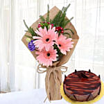 Pink Gerberas Chocolate Ganache Cake 4 Portions