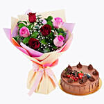 Beautiful Roses Bouquet With Chocolate Fudge Cake