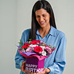 Mixed Flowers In Birthday Square Glass Vase