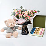 Combo of Flower Bouquet and Chocolate Box with Teddy Bear