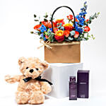 Flower Bag Arrangement with Perfume and Teddy Bear