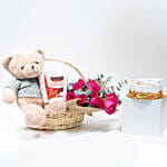 lovely Gift Basket with Cake and Flower Bouquet