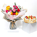 Mixed Color Flower Bouquet with Fruit Cake