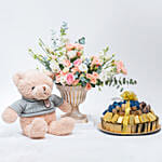 Mix Flower Arrangement with Teddy and Chocolate