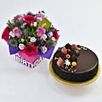 Chocolate Cake With Birthday Flower Arrangement