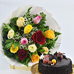 Dozen Multi Roses with Fudge Cake