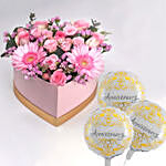Blissful Mixed Flowers Heart Shaped Box With Anniversary Balloons