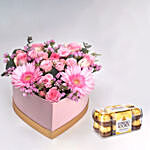 Blissful Mixed Flowers Heart Shaped Box With Ferrero Rocher