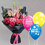 Blooming Bouquet of Mixed Flowers With Birthday Balloons