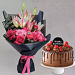 Blooming Bouquet of Mixed Flowers With Chocolate Cake