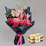 Blooming Bouquet of Mixed Flowers With Ferrero Rocher Chocolates