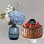 Captivating Mixed Flowers In Blue Glass Vase With Chocolate Cake