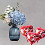 Captivating Mixed Flowers In Blue Glass Vase With I Love You Balloons