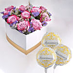 Delightful Mixed Flowers In Heart Shaped Box With Anniversary Balloons