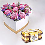 Delightful Mixed Flowers In Heart Shaped Box With Ferrero Rocher