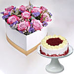 Delightful Mixed Flowers In Heart Shaped Box With Red Velvet Cake