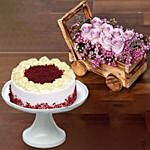 Elegant Arrangement of Purple Roses With Red Velvet Cake