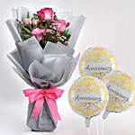Elegant Bouquet of Mixed Roses With Anniversary Balloons
