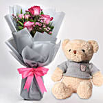 Elegant Bouquet of Mixed Roses With Teddy Bear