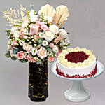 Exquisite Mixed Flowers In Black Vase With Red Velvet Cake