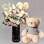 Exquisite Mixed Flowers In Black Vase With Teddy Bear
