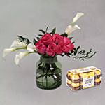 Lilies & Roses In Green Glass Vase With Ferrero Rocher