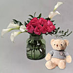 Lilies & Roses In Green Glass Vase With Teddy Bear