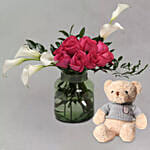 Lilies & Roses In Green Glass Vase With Teddy Bear