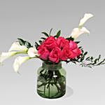 Lilies & Roses In Green Glass Vase