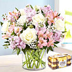 Pink and White Floral In Glass Vase With Ferrero Rocher