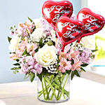 Pink and White Floral In Glass Vase With I Love You Balloons