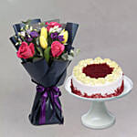 Ravishing Bouquet of Mixed Flowers With Red Velvet Cake