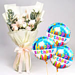 Serene Bouquet of Mixed Flowers With Birthday Balloons