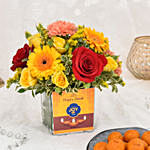 Sparks of Joy Diwali Flower Arrangement and Motichoor Laddoo