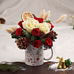 Red & White Roses in Christmas Mug