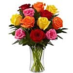 Dozen Mix Roses in a Glass Vase