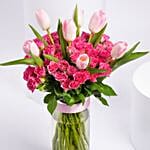 Elegant Pink Tulip & Baby Rose In Vase