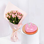 Pink Spray Roses & Heart Shaped Cake