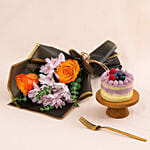 Mini Blueberry Cake N Flower Bouquet Combo