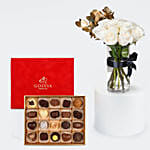 Godiva | Red Velvet Box - 20 pieces & White Roses Vase Arrangement