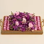 Graceful Mixed Flowers & Chocolates Golden Tray