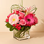 Lovely Roses and Gerbera Arrangement In Glass Vase