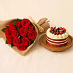12 Red Roses Bouquet & Half Kg Red Velvet Cake Combo