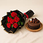 Chocolate Cake with Bunch of 6 Red Roses