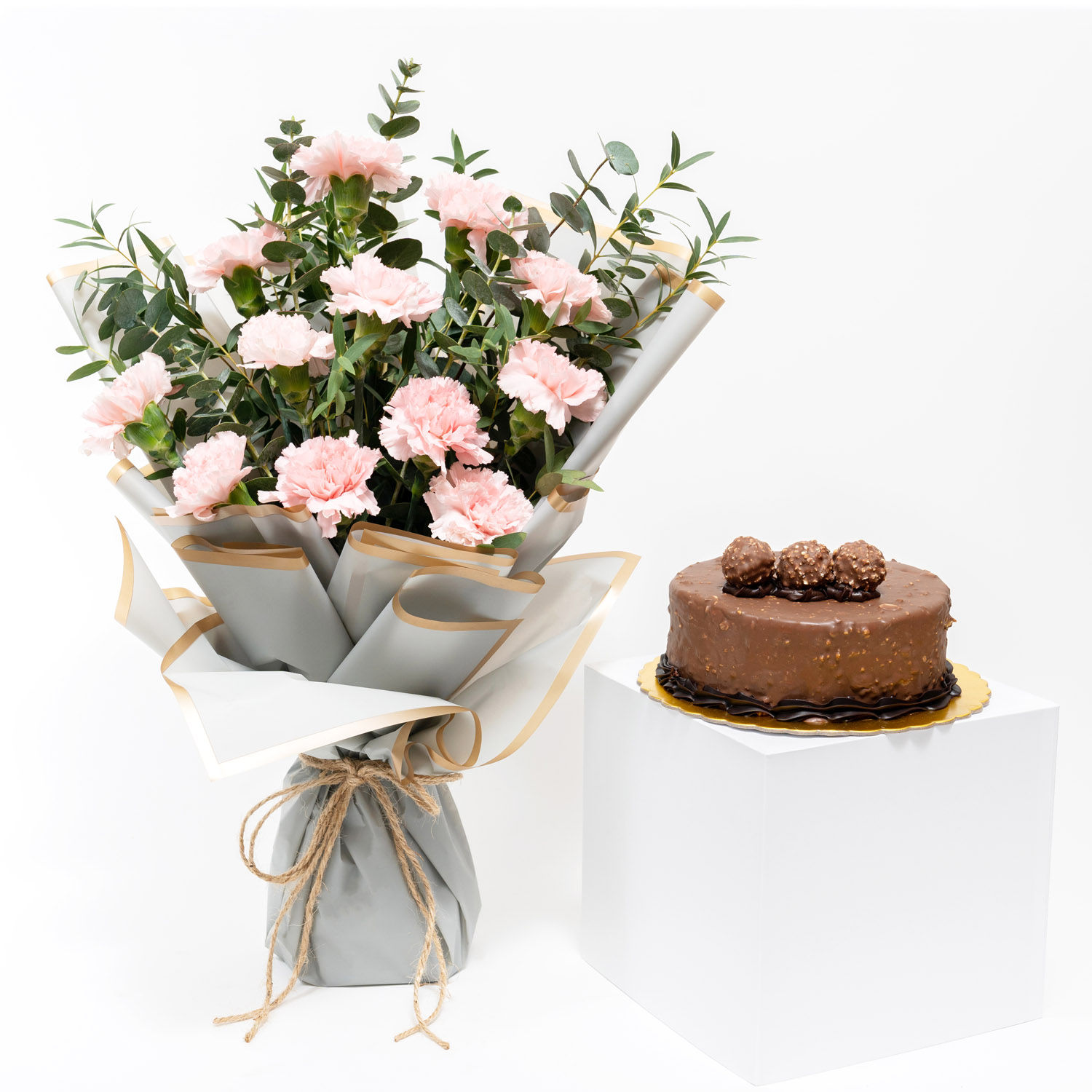 Online Pink Carnation with Chocolate Cake Gift Delivery in Qatar FNP
