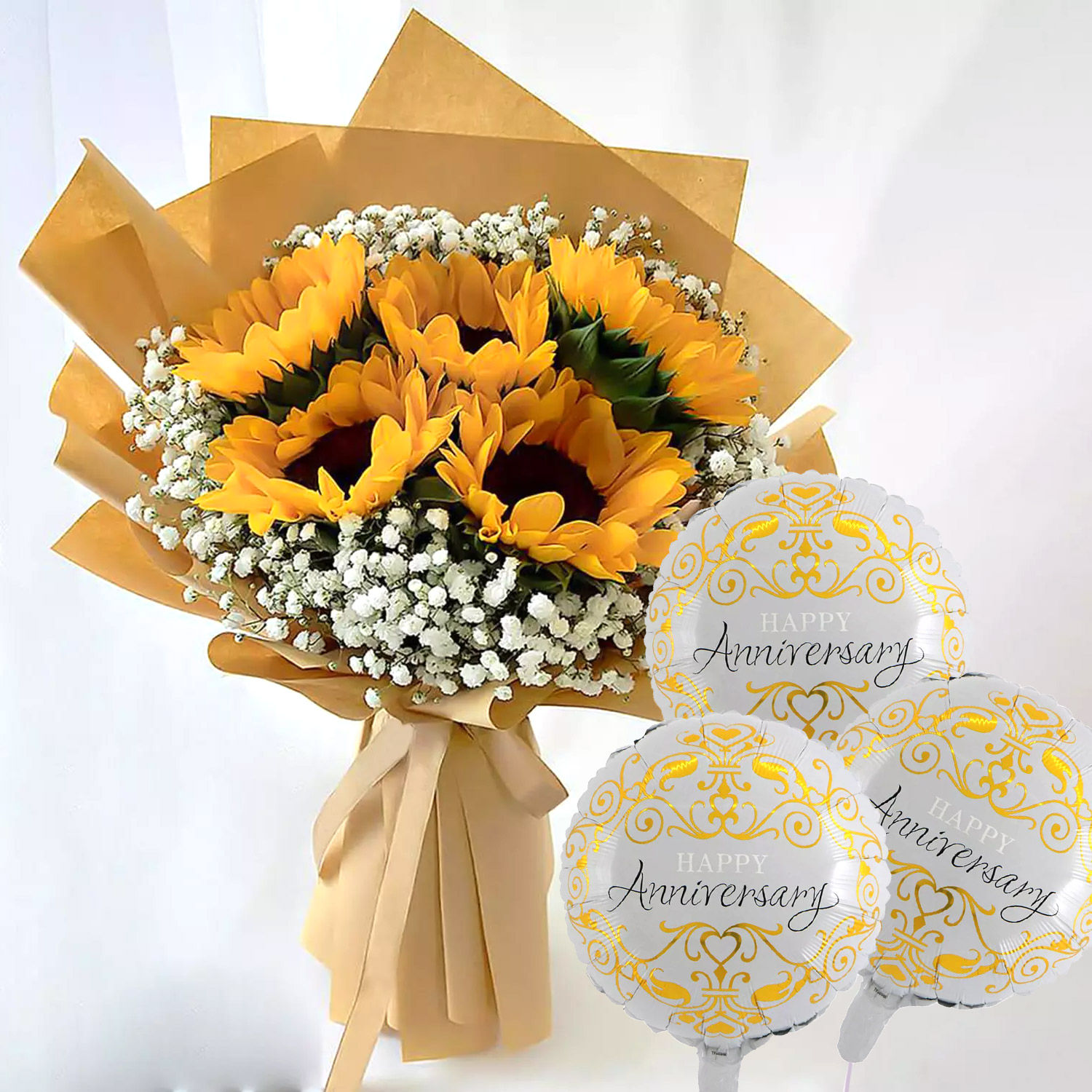 Online Ravishing Sunflowers Bouquet Beautifully Tied With Anniversary Balloons Gift Delivery in