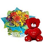 Colored Flowers Bouquet and Red Teddy Combo