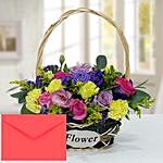 Floral Basket Arrangement With Greeting Card