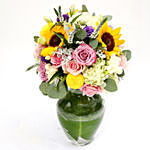 Vivid Roses and Sunflower Mixed Flower Vase