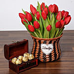 Blissful Red Tulips Basket and Chocolates